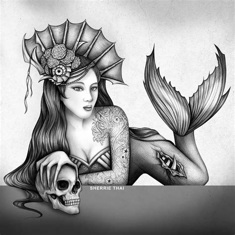 Dark Mermaid with Skull, gothic fantasy artwork by Sherrie Thai of Shaireproductions.com. shown ...