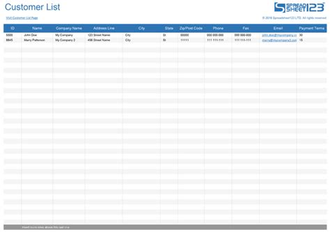 Customer List Template for Excel