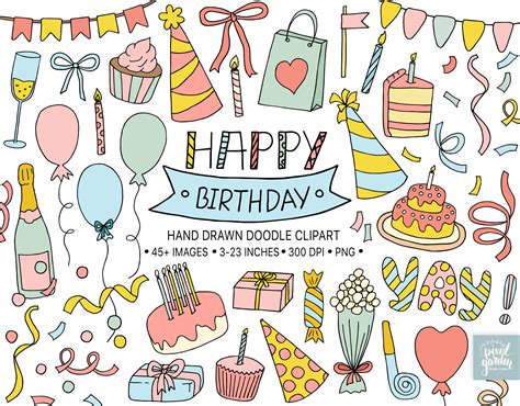 Birthday Clipart. Hand Drawn Birthday Clip Art. Celebration - Etsy