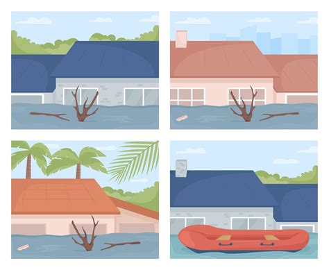 Flooding in urban areas flat color vector illustrations set. Extreme weather. Building ...