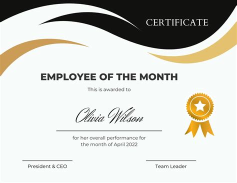 Employee Of The Month Certificate Template