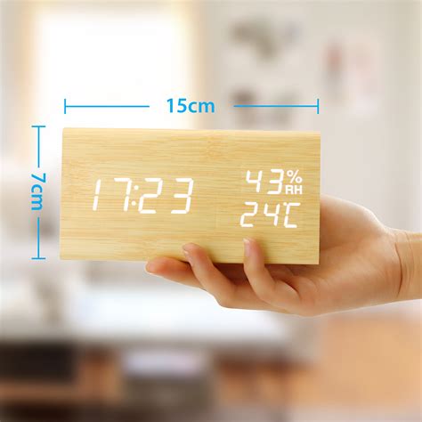 Wooden LED Desk Alarm Clock with Date, Voice Control, Humidity, Temperature, Adjustable ...