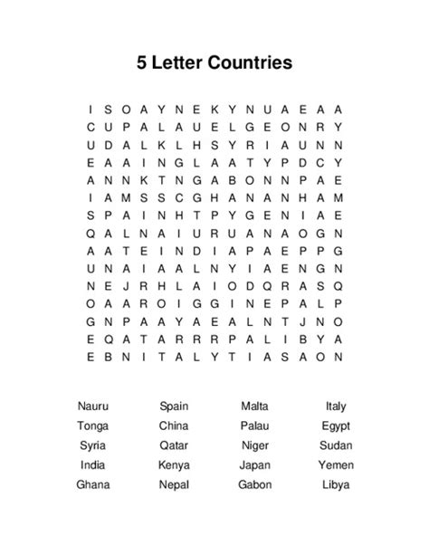 5 Letter Countries Word Search