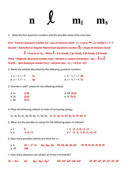 Quantum Numbers Worksheet Answers – E Street Light