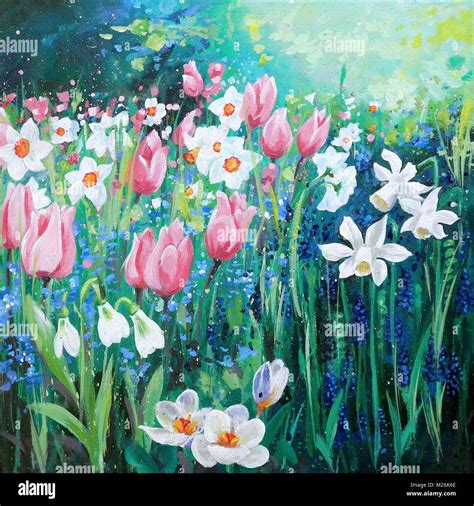 painting of spring flowers, daffodils, tulips, snowdrops and crocus Stock Photo - Alamy