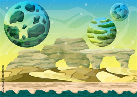 Cartoon vector space landscape with separated layers for game and animation, game design asset ...