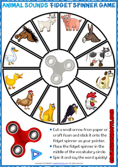 Animal Sounds ESL Printable Fidget Spinner Game For Kids