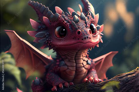 Cute red little baby dragon standing in the peaceful forest. CG artwork concept. Generative AI ...