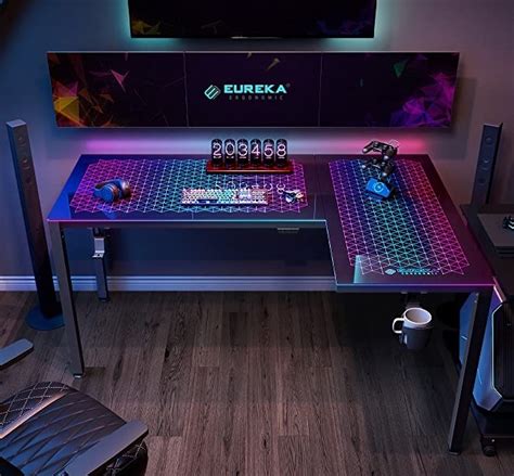 beautiful l-shaped gaming desk with integrated RGB LEDs built into the desktop programmable ...