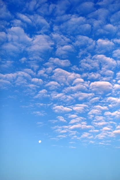 Premium Photo | Evening moon on the blue sky with clouds evening cloudscape