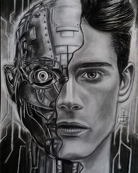 Half Robot Face Drawing