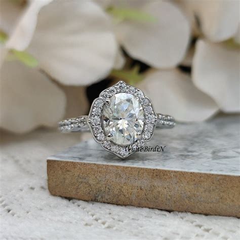 14K White Gold Halo Engagement Ring / 1.80 Carat Colorless Moissanite Ring / Oval Cut Half ...