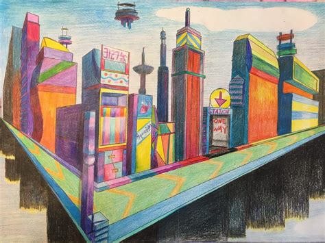 Two point perspective futuristic city drawing – jennifer chen – Artofit