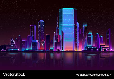 Modern city night skyline neon cartoon Royalty Free Vector