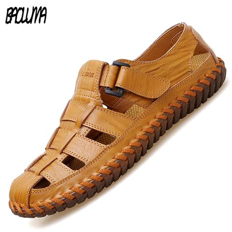 Brands Mens Sandals Real Leather Outdoor Sandals Summer Handmade Men Shoes Men's Sandals ...