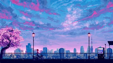 Download An Anime City Skyline, All Dressed Up In Majestic Colors Wallpaper | Wallpapers.com