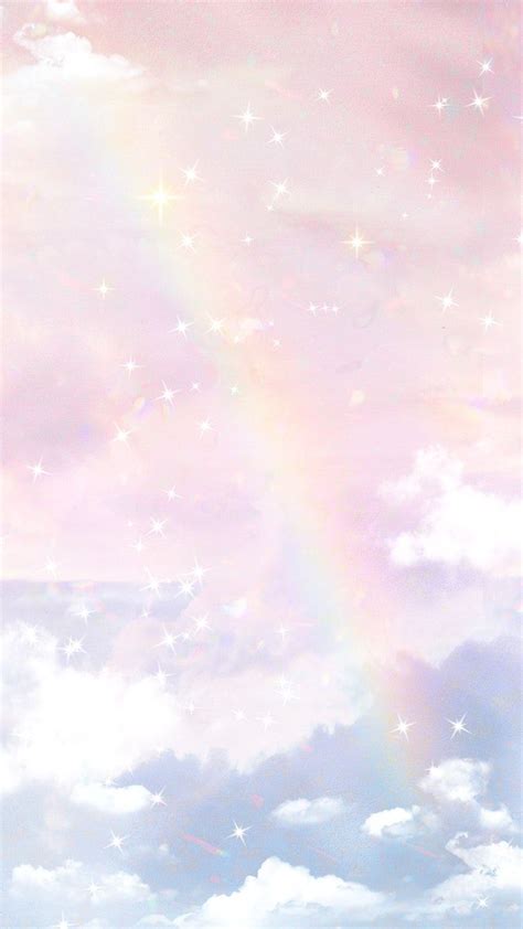 there is a rainbow in the sky with clouds and stars on it's sides