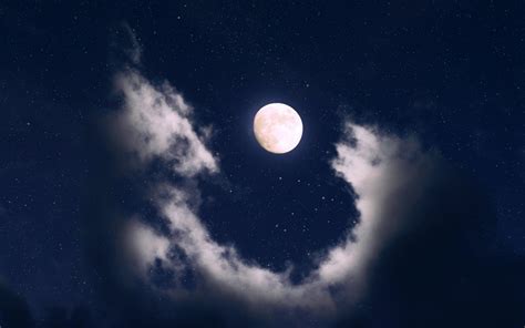 Full moon Wallpaper 4K, Clouds, Night, Starry sky