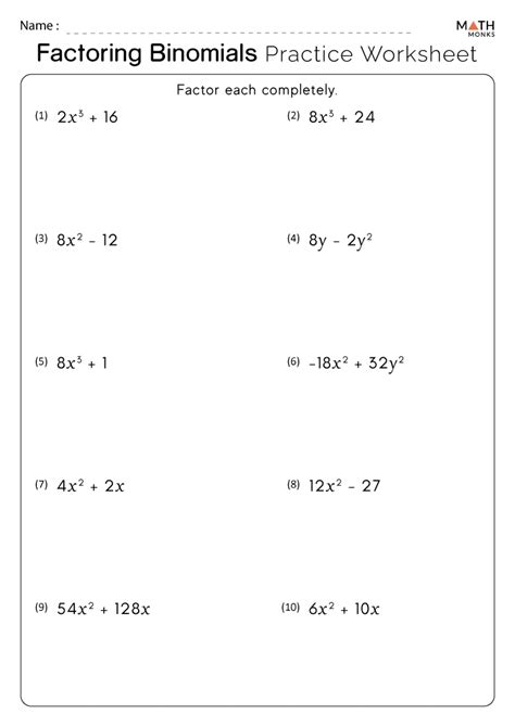 Factoring Binomials Worksheets - Math Monks