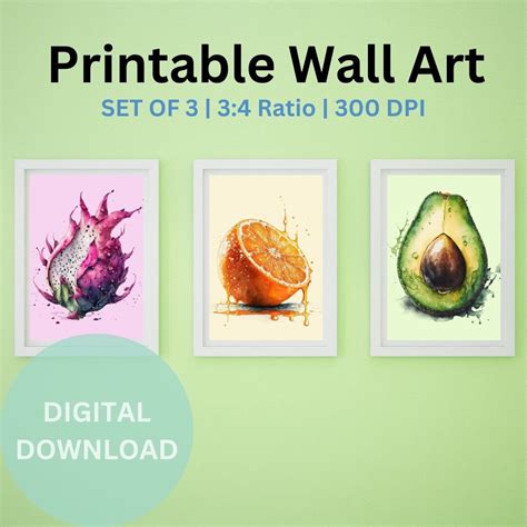 Set of 3 Printable Wall Art Fruit Wall Art Kitchen Wall - Etsy