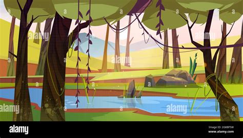 Cartoon forest background with stream flow, wood Stock Vector Image & Art - Alamy