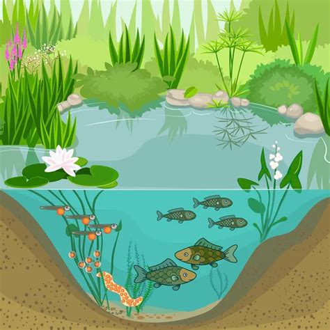 Pond ecosystem and life cycle of fish. Sequence of stages of development of fish from egg (roe ...