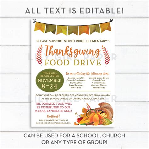 Editable Thanksgiving Food Drive Flyer Template, 8.5x11 PTA/PTO Flyer, Church Group Announcement ...