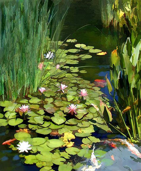 Water Lilies And Koi Pond Painting by Elaine Plesser