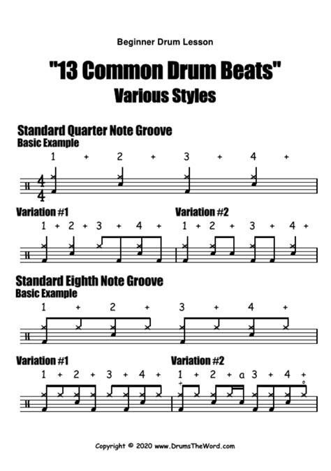 "13 Essential & Common Drum Beats" Free Beginner Video Drum Lesson & Sheet Music » DrumsTheWord ...