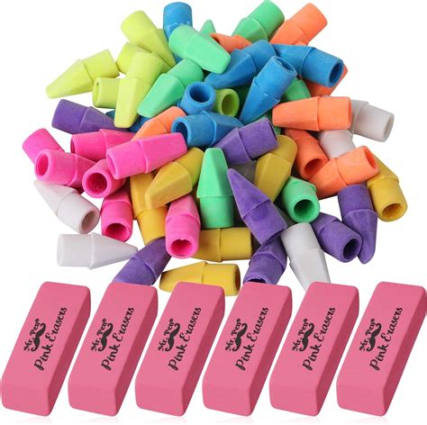 Mr. Pen- Pencil Erasers Set, 6pc Pink Erasers and 60pc Pencil Top Erasers, Pencil Eraser, Pencil ...