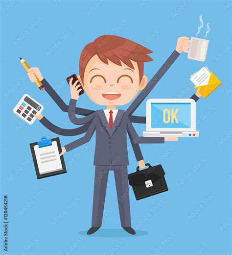 Happy office man character. Multitasking hard work. Vector flat cartoon illustration Stock ...