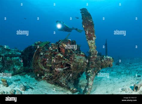 WWII plane wreck underwater with diver Stock Photo - Alamy