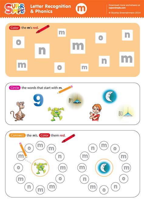 Letter Recognition & Phonics Worksheet - m (lowercase) - Super Simple