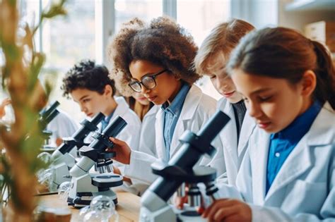 Premium AI Image | A group of school students conducts experiments in an educational laboratory