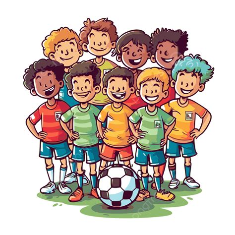 Soccer Team Vector, Sticker Clipart Funny Children Soccer Team Group Posing With Football ...