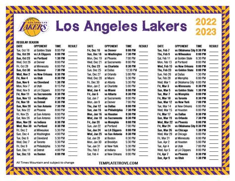 Printable 2022-2023 Los Angeles Lakers Schedule