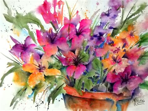 Watercolor of Spring Flowers in Pot Colorful by MarthaKislingArt