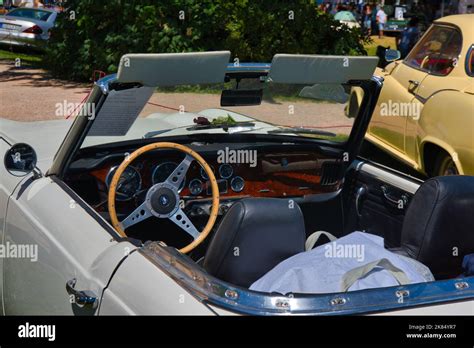 BADEN BADEN, GERMANY - JULY 2019: interior of white TRIUMPH TR4 TR5 cabrio roadster 1961 1965 ...