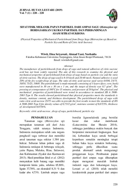 (PDF) SIFAT FISIK MEKANIK PAPAN PARTIKEL DARI AMPAS SAGU (Metroxylon sp) BERDASARKAN UKURAN ...