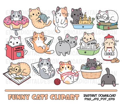 Funny Cats Clipart Cute Cat Clip Art Kawaii Kitten Kitty Icons | Etsy