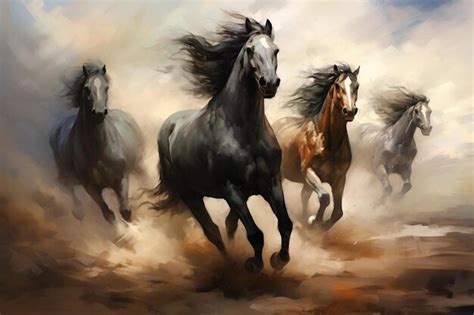 Premium AI Image | a painting of horses running in the wild.