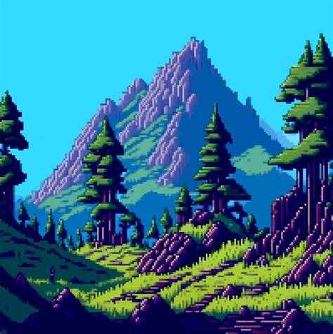 Landscape 8bit pixel art. Summer natural landscape mountain scenery arcade video game background ...