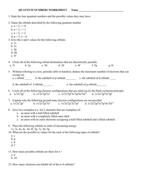 QUANTUM NUMBERS WORKSHEET