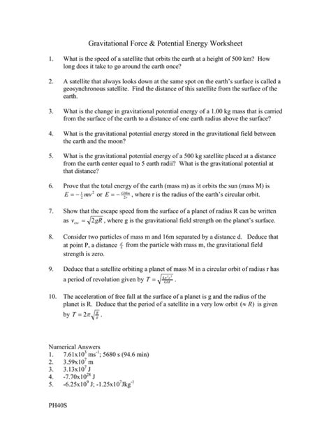 Gravitational Force & Potential Energy Worksheet