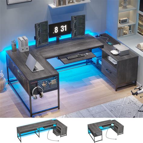 L Shaped Computer Desk with LED Light, Reversible U Shaped Gaming Desk with File Drawer and ...