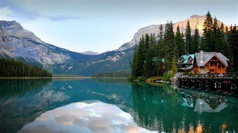 reflection, landscape, nature, lake, house, trees, mountains, sky, Canada, British Columbia ...