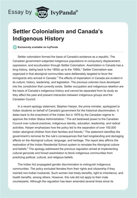 Settler Colonialism and Canada's Indigenous History - 543 Words | Essay Example