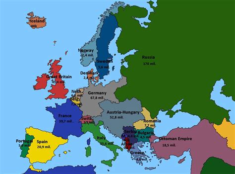 Map of Europe 1914 showing showing countries population (without colonies) : r/MapPorn