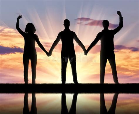 Silhouette of a Group of Happy People of Three People Holding Hands Stock Image - Image of ...