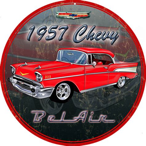 1957 Chevy Round Bel Air Sign Garage - Reproduction Vintage Signs